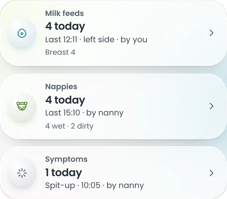 Baby today: 4 milk feeds, last at 12:11 on the left side; 4 nappies; and a spit-up logged by the nanny.