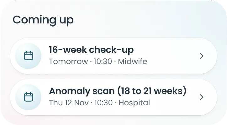 Coming up: 16-week check-up tomorrow at 10:30 with the midwife, and the anomaly scan.