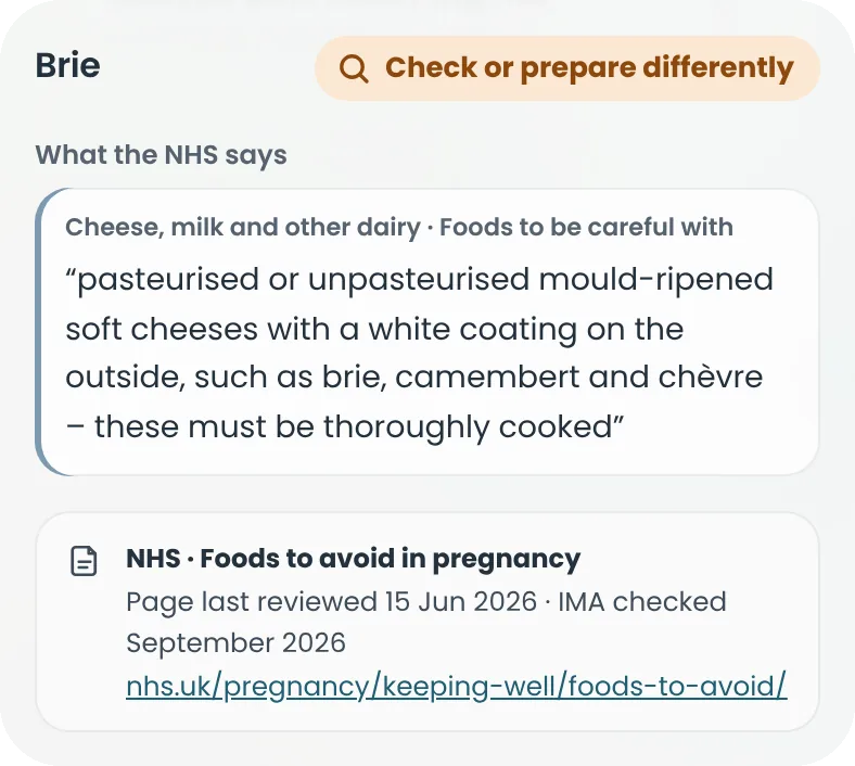 The Food Safety Checker’s guidance for brie: check or prepare differently, with the NHS wording on mould-ripened soft cheeses and the page it comes from.