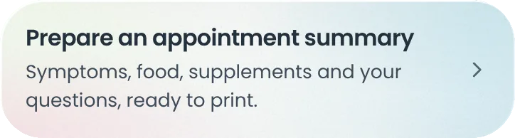 Prepare an appointment summary: symptoms, food, supplements and your questions, ready to print.