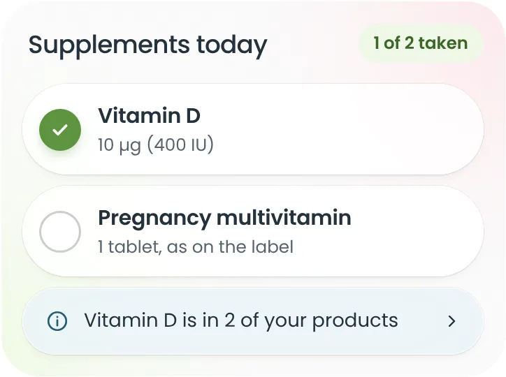 Supplements today: vitamin D taken, pregnancy multivitamin not yet, and a note that vitamin D is in two of your products.