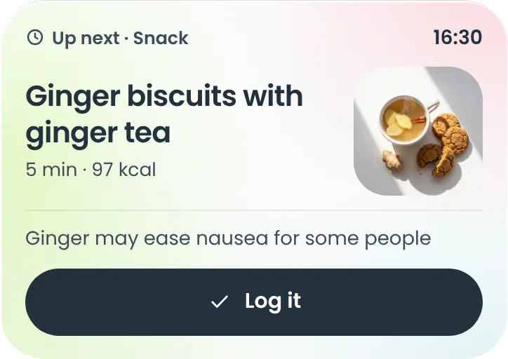 Up next, a snack at 16:30: ginger biscuits with ginger tea, 5 minutes, 97 kcal, with a Log it button.