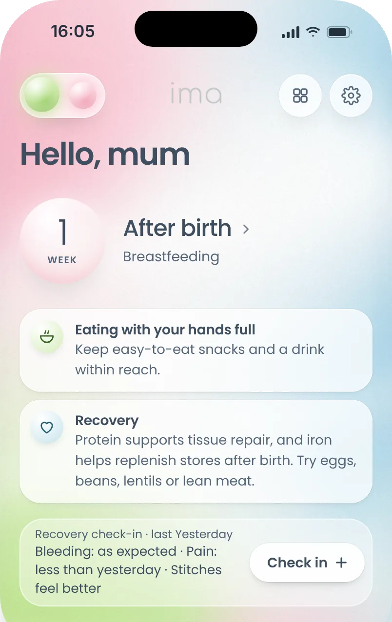 Hello, mum: one week after birth, breastfeeding. Tips for eating with your hands full and for recovery, and the last recovery check-in.
