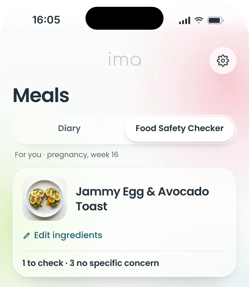 The Food Safety Checker on jammy egg and avocado toast: one ingredient to check and three with no specific concern.