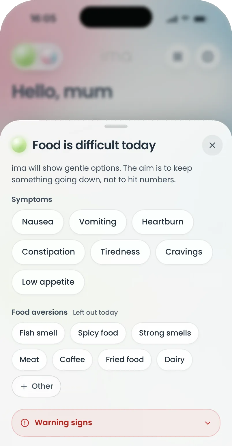 Food is difficult today: choose symptoms such as nausea, heartburn or low appetite, foods you can’t face today, and a list of warning signs.